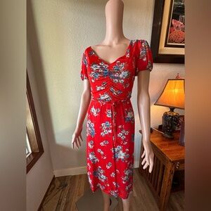 Floral Red Silky Feal, lined Midi Dress
